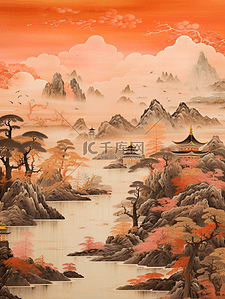 国潮复古壁画质感中国山水插画13