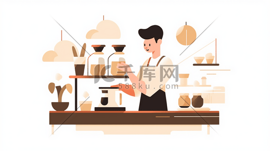 手扁平化插画图片_扁平化咖啡师在厨房冲调咖啡插画14