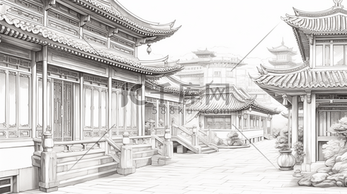 中国风手绘建筑线稿插画9