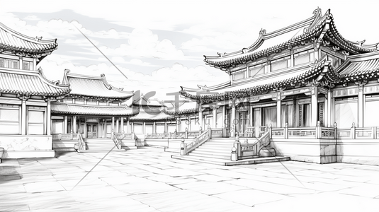 中国风手绘建筑线稿插画29