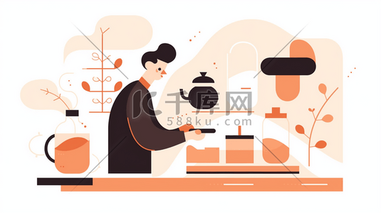 手冲咖啡插画图片_扁平化咖啡师在厨房冲调咖啡插画4