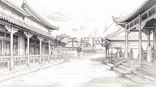 中国风手绘建筑线稿插画1