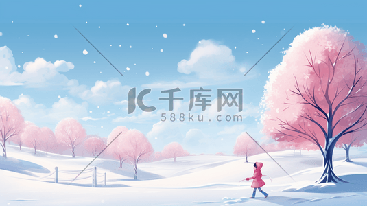 手绘唯美冬季山林积雪少女背影插画1