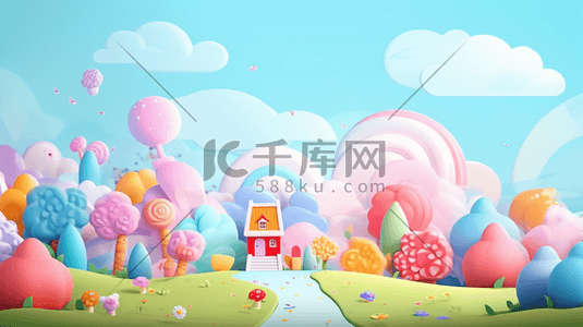 c4d双11插画图片_缤纷C4D彩虹下童话风糖果屋插画2