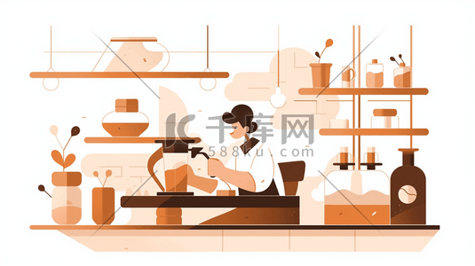 手冲插画图片_扁平化咖啡师在厨房冲调咖啡插画21