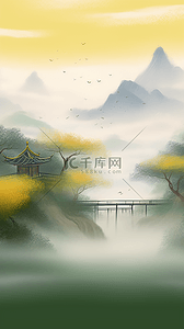 绿色烟插画图片_素雅国风点彩风青绿色山水风景2