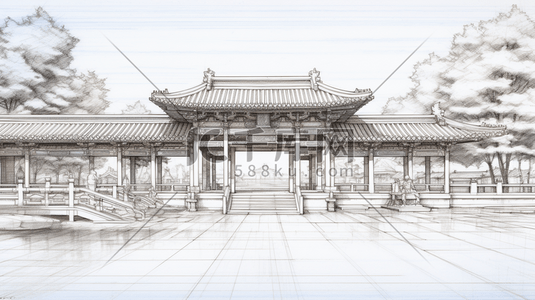 线稿稿插画图片_中国风手绘建筑线稿插画25