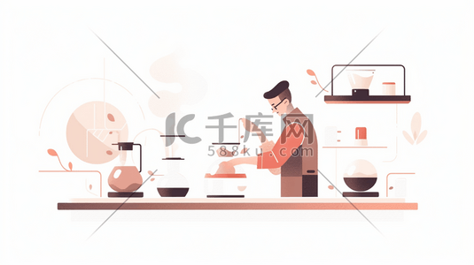 手冲插画图片_扁平化咖啡师在厨房冲调咖啡插画22