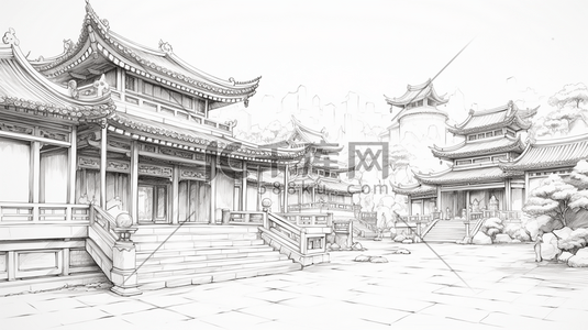 中国风手绘建筑线稿插画27