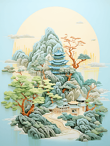 青绿色油画质感中国画山水风景插画21