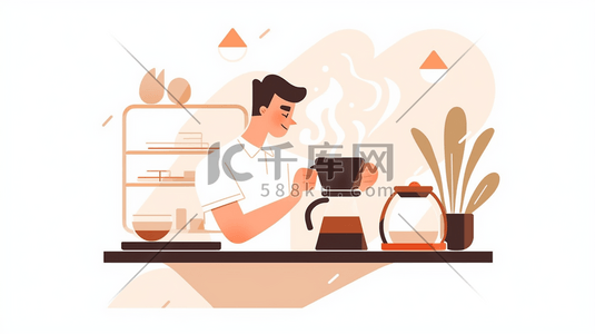 手冲咖啡插画图片_扁平化咖啡师在厨房冲调咖啡插画9