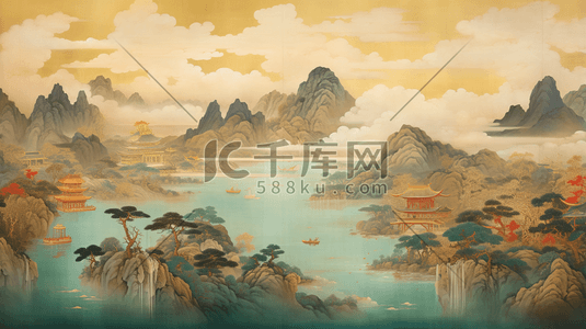 金线插画图片_国潮手绘金线阁楼山水插画13