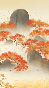 山脉水墨风插画图片_橙红色秋天山水中国风秋天山水