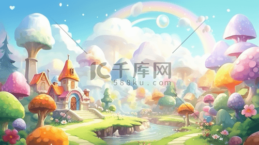 童话小插画图片_缤纷C4D彩虹下童话风糖果屋插画1