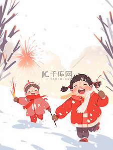 炮仗挂件插画图片_新年过年冬天户外新春小朋友玩炮仗打灯笼