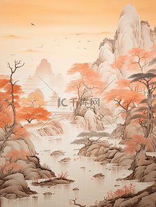 水墨湖泊插画图片_手绘唯美山水楼阁水墨插画7