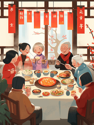 除夕一家人团圆图片素材_插画新年除夕夜年夜饭团圆一家人温馨吃饭