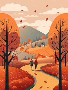 秋天的风景插画图片_秋天的风景人们走在街上20