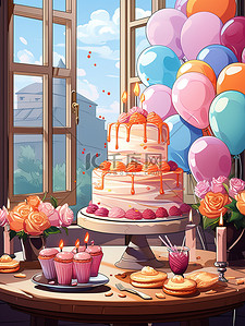 数字气球4插画图片_桌子上的生日蛋糕生日派对4