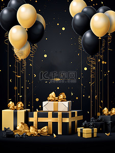 金色生日气球插画图片_金色黑色优雅设计生日海报9