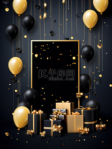 金色生日气球插画图片_金色黑色优雅设计生日海报3
