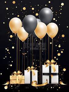 金色生日气球插画图片_金色黑色优雅设计生日海报2