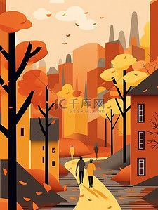 秋天落叶街道插画图片_秋天的风景人们走在街上1
