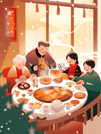 新春团聚图片素材_插画新春新年春节除夕夜团圆饭一家人团聚
