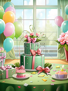 礼物气球装饰插画图片_绿色生日主题布置装饰6