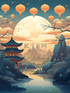 喜庆烟花插画图片_庆祝新年国庆喜庆烟花古建筑7