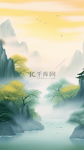 绿色烟插画图片_素雅国风点彩风青绿色山水风景6