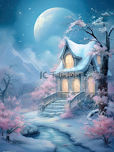 大雪海报的插画图片_月夜白雪皑皑的小屋17
