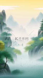 绿色烟插画图片_素雅国风点彩风青绿色山水风景