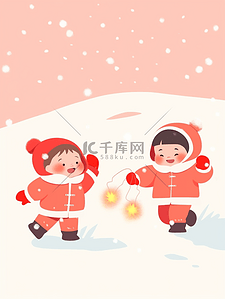 炮仗挂件插画图片_新年过年冬天户外新春小朋友玩炮仗打灯笼