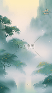 素雅山水插画图片_素雅国风点彩风青绿色山水风景10