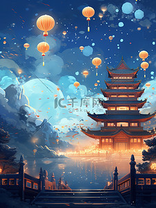 国庆节日插画图片_庆祝新年国庆喜庆古建筑11