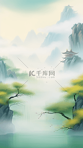 绿色烟插画图片_素雅国风点彩风青绿色山水风景