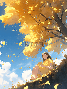 秋季坐在树干上的小女孩插画29