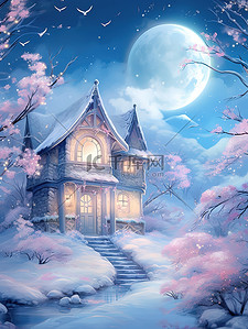 大雪海报的插画图片_月夜白雪皑皑的小屋5