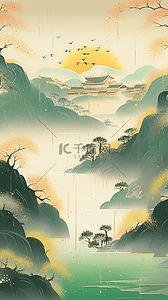 秋天落日插画图片_国风秋天国风点彩风秋天山水风景