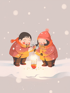 过年冬天户外新春小朋友玩炮仗打灯笼