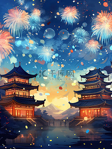节日2插画图片_庆祝新年国庆喜庆烟花古建筑2