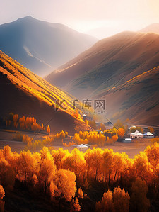 秋天落日插画图片_落日余晖秋天森林自然风景11