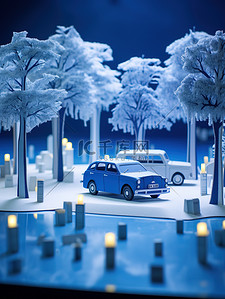 停车场提示插画图片_冬季蓝色汽车微观场景1