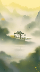 中国风雅致插画图片_素雅国风点彩风青绿色山水风景