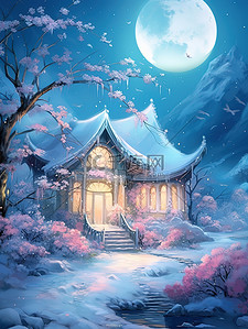 大雪海报的插画图片_月夜白雪皑皑的小屋2