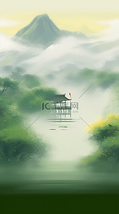 中国风雅致插画图片_素雅国风点彩风青绿色山水风景1
