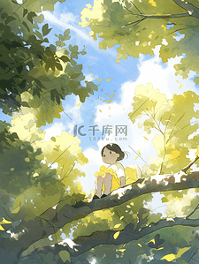 秋季坐在树干上的小女孩插画3