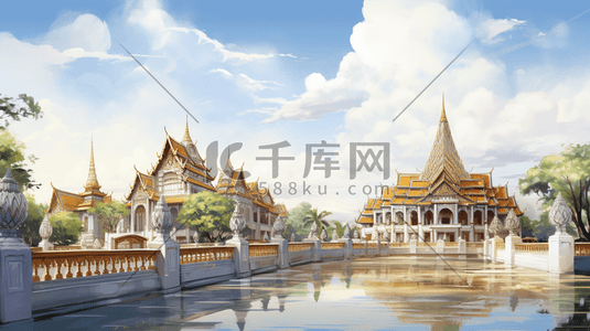 泰国拜佛插画图片_泰国旅游景点风景插画24