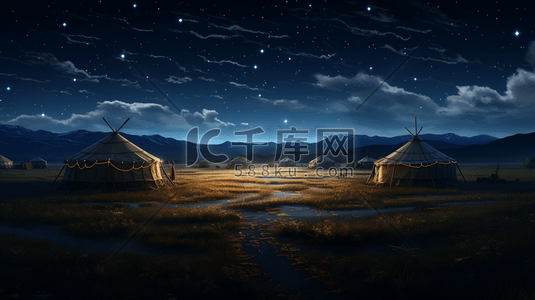 明月星空下的草原蒙古包美景插画6